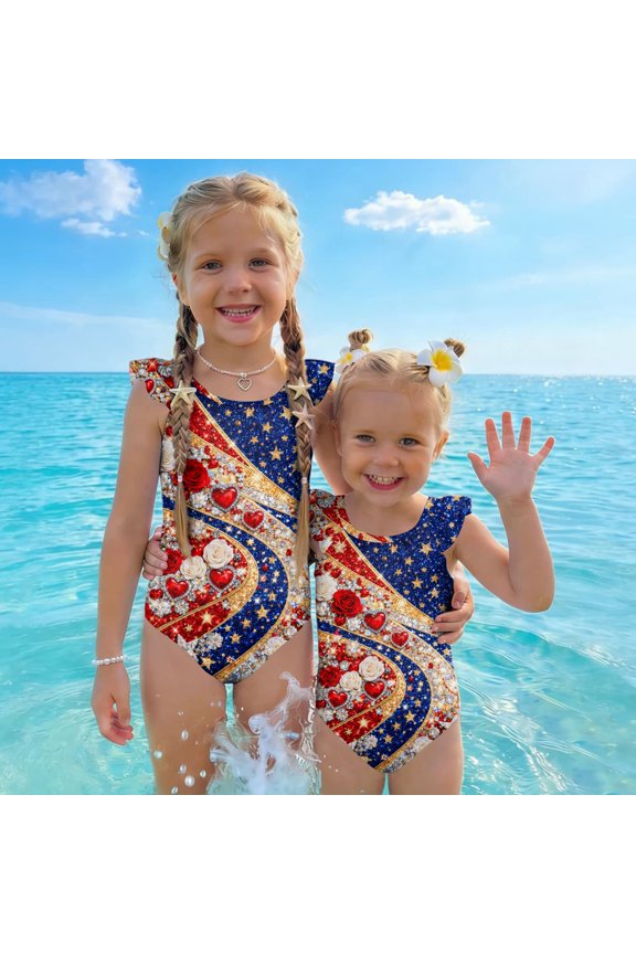 Girls Swimsuit Size 7 One Piece Swimsuit Summer 1776 American Flag Floral Print Bikini Sets Swimming Flutter Sleeve Beach Vacation Freedom Cute Bathing Suits Sky Blue 2-3 Years