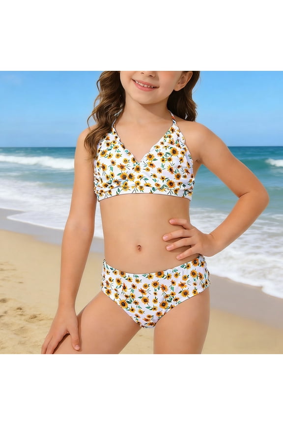 Girls Swimsuit Soft Protective Beach Cute 2 Piece Bikini Set Playful Summer Beachwear Casual Kids Swimwear Yellow 6-8 Y