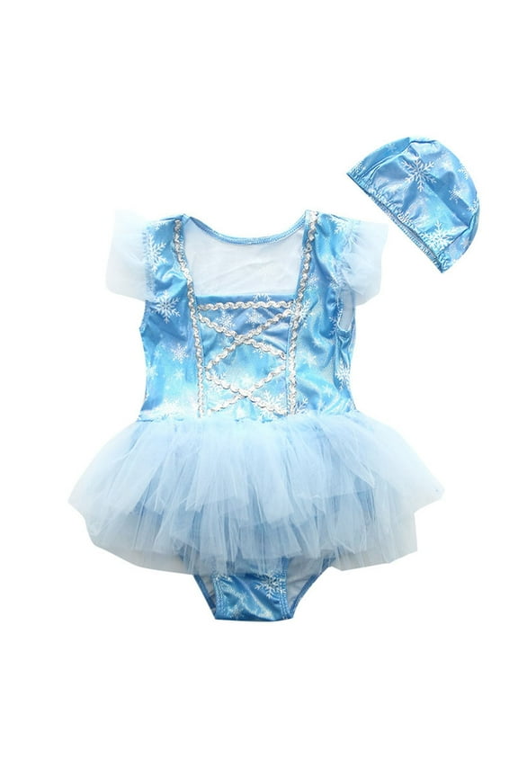 Girls Swimsuit Summer Baby Girl Fly Sleeve Lace Beautiful Onesie Dress Swimsuits Cap Girls' Swiwear Blue 3Y