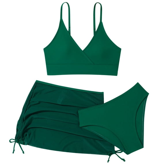 Girls Swimsuit Summer Beach Solid Strap Tops Briefs Cover Up Skirts Split Bikini Set Girls' Swimwear Dark Green 9 Years-10 Years