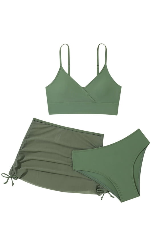 Girls Swimsuit Summer Beach Sports Solid Split Bikini Tops Briefs Skirts Girls' Swimwear Army Green 8 Years-9 Years