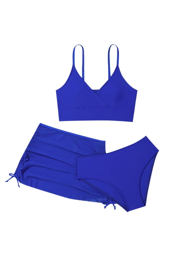 Girls Swimsuit Summer Beach Sports Solid Split Bikini Tops Briefs Skirts Girls' Swimwear Blue 11 Years-12 Years