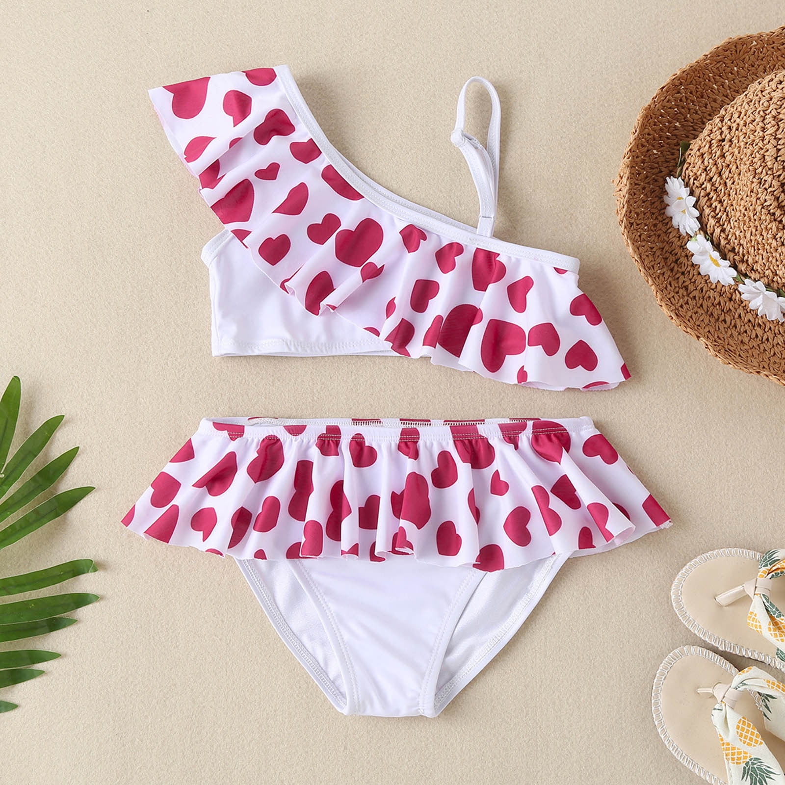 Girls Swimsuit Summer Girls Valentine s Day Love Print Pink Ruffles Two Piece Swimwear Swimsuit Bikini Girls Bathing Suit White 110