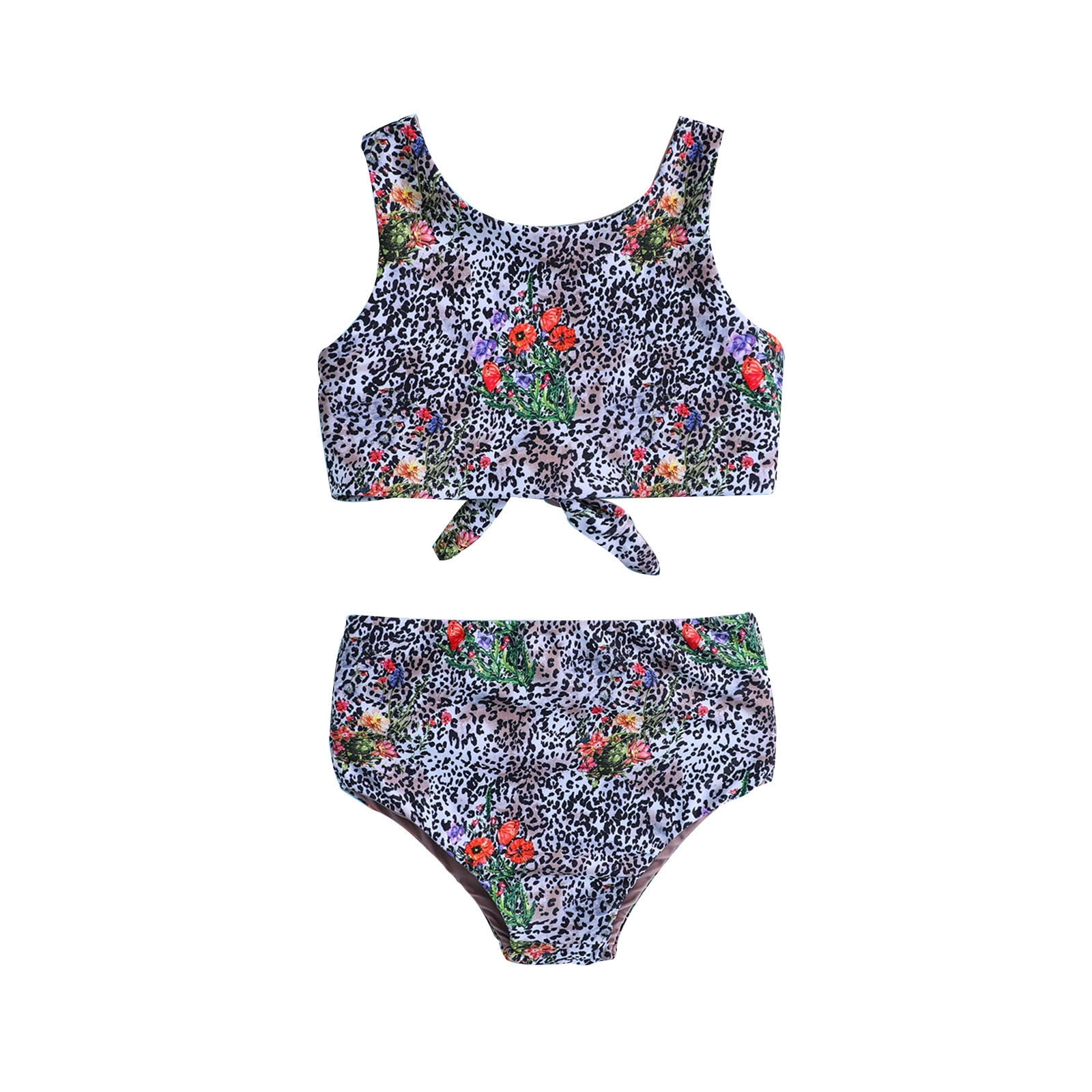 Girls Swimsuit Summer Leopard Floral Printed Two Piece Reversible