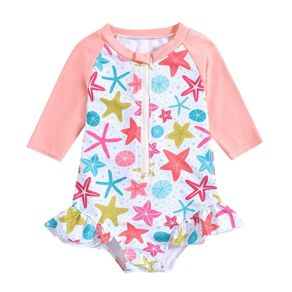 Girls Swimsuit Summer Long Sleeve Cartoon Prints Ruffles Surf Swimwear Swimsuit Bikini Baby Girl Bathing Suit,Size 18 Months-24 Months