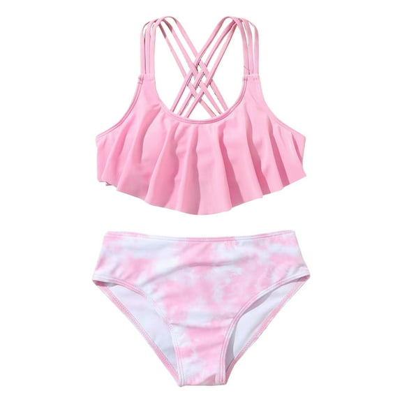 Girls Swimsuit Summer New Ruffles Pink with Chest Pad No Steel Top and Tie Dye Swimming Briefs Fashion Swimsuits Size 7-8 Y