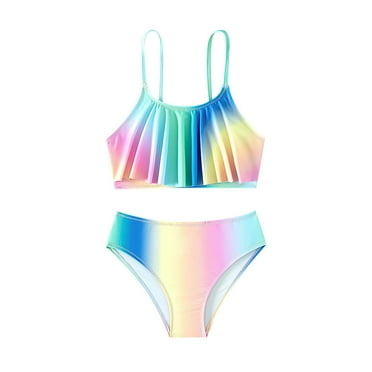 Girls Swimsuit Summer Rainbow Tie Dye Ruffle Split Strap Tankini Briefs Set Girls' Swimwear Blue 13 Years-14 Years