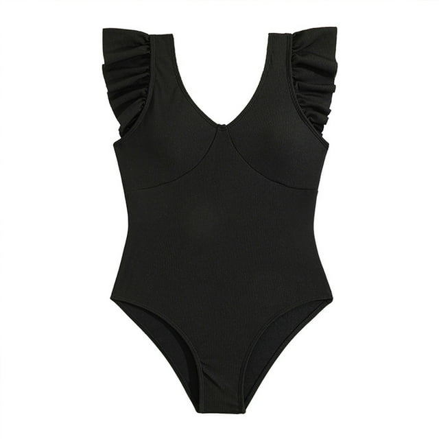 Girls Swimsuit Summer Solid Color Ruffle Deep V Tummy Onesie Swimsuits Girls' Sleepwear Black 6 Years-7 Years