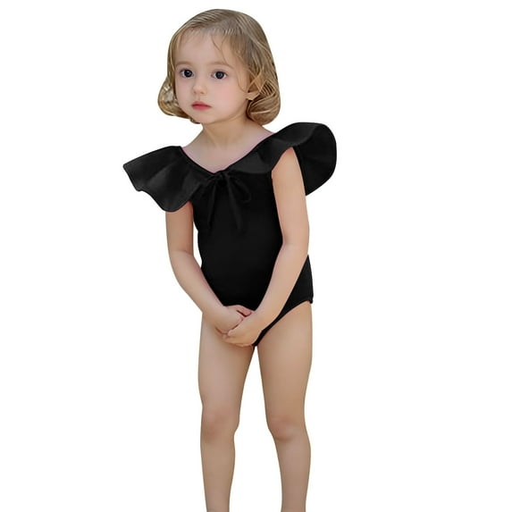 Girls Swimsuit Summer Solid Color Short Sleeve Ruffles One Piece Bathing Suit Small Fresh for Little Girl Baby Black 3 Years-4 Years