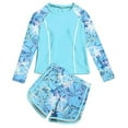 thumbnail image 1 of Girls Swimsuit Summer Sunscreen Long Sleeve Fashion Print Rash Guard Shirt Tops Shorts Split Swimsuits Girls Bathing Suits Sky Blue 12-13 Years, 1 of 5