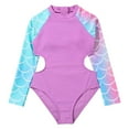 thumbnail image 1 of Girls Swimsuit Summer Swim Surf Long Sleeve Color Block Waist Hollow Out Onesie Swimsuits Bathing Suits Girls Light Purple 6-7Y, 1 of 6