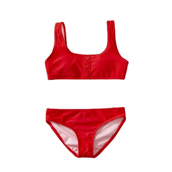 Girls Swimsuit Sun Protection Cute 2 Piece Sport Red Soild High Waist Bikini Bathing Swimming Class Swimwear