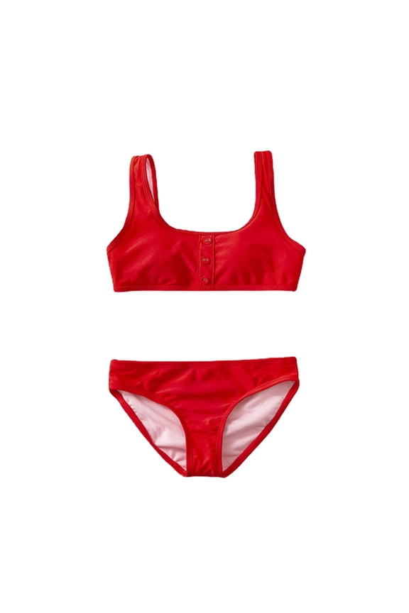 Girls Swimsuit Sun Protection Cute 2 Piece Sport Red Soild High Waist Bikini Bathing Swimming Class Swimwear