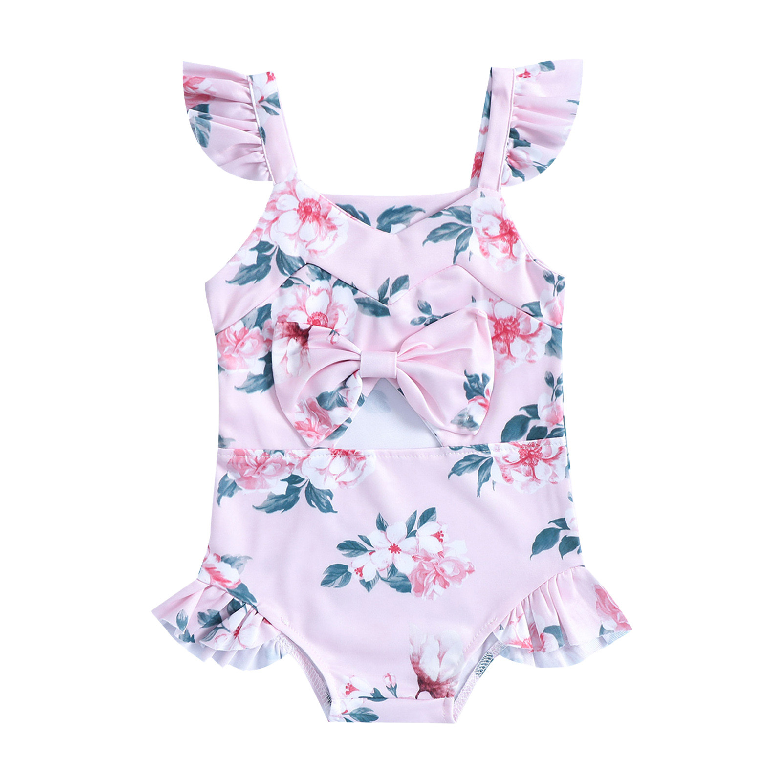 Girls Swimsuit Sun Protection Cute Summer Sleeveless Shoulder Strap Ruched Floral Print Bowknot