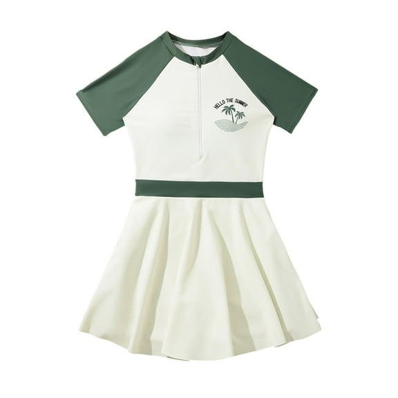 Girls Swimsuit Tankini Short Sleeve Zip Up Rash Guard With Tree Print Swimming Training Beach Vacation Spring Summer Loose Fit Girls Bathing Suit