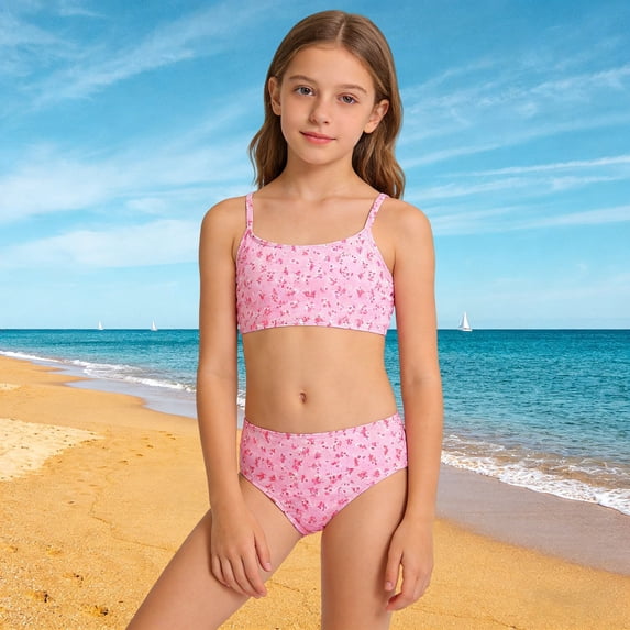 Girls Swimsuit Girl's Floral Print Two Piece Bikini Set Bathing Suits for Girls Pink 10-11 Years