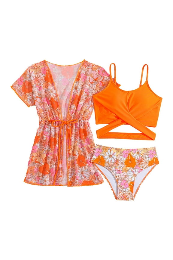 Girls Swimsuit Toddler Girls Swimwear 3pc Swimsuit with Protective Cover Up and Shorts Skirt for Summer Beach Holiday