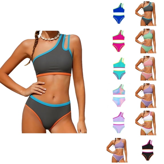 Girls Swimsuit Two Piece 1 Shoulder Bathing With Chest Pad Color Bikini 7 16 Years