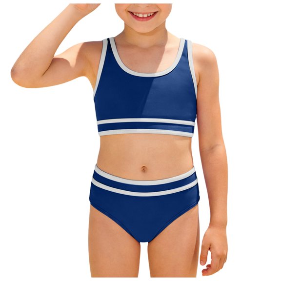 Girls Swimsuit Two Piece Bathing Suit Criss Cross Print Bikini Set with Ruffle Hem Teens Swim Suits 6-14Y,Navy