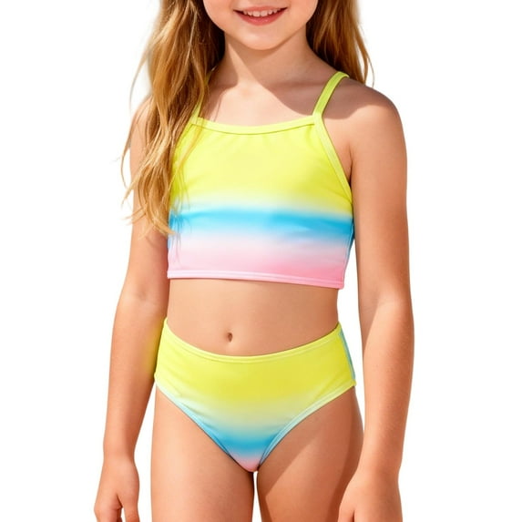 Girls Swimsuit Two Piece Color Patchwork Swimwear Set Tankini Rash Guard Beach Outfit for Kids