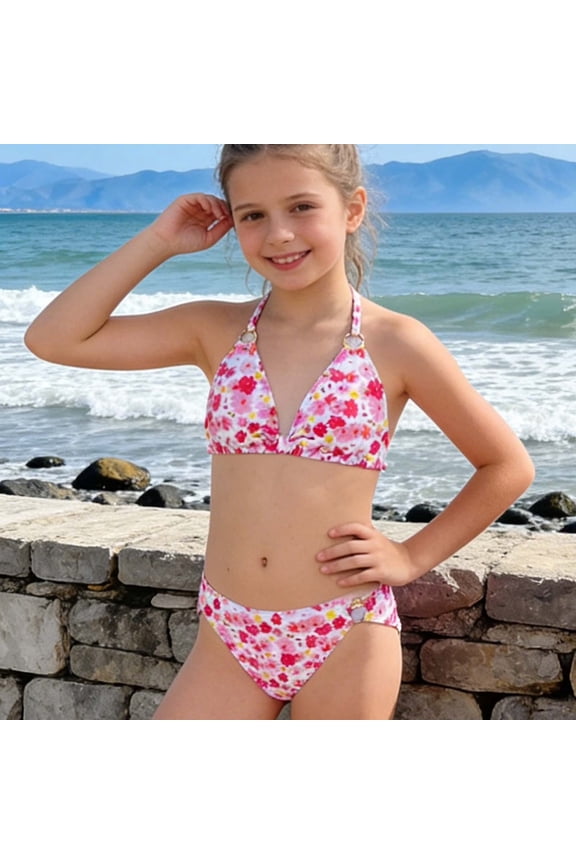 Girls Swimsuit Two Piece Floral Print Bathing Suit Backless Halter Triangle Bikini Set Clasp Straps Swimwear