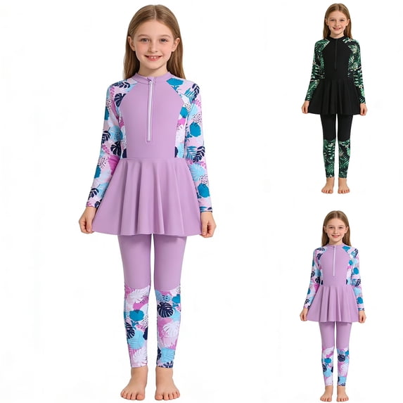 Girls Swimsuit Two Piece Long Sleeve Full Body Rash Guard Modest Bathing Suit Beach Girls' Swimwear 5-13 Years