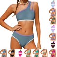 thumbnail image 1 of Girls Swimsuit Two Piece One Shoulder Bathing Suit with Chest Pad Color Block Bikini 13-14 Years, 1 of 7
