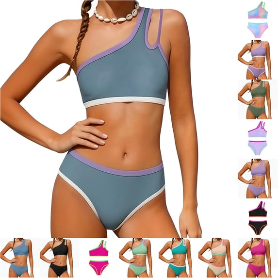 Girls Swimsuit Two Piece One Shoulder Bathing Suit with Chest Pad Color Block Bikini 13-14 Years
