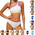 thumbnail image 1 of Girls Swimsuit Two Piece One Shoulder Bathing Suit with Chest Pad Color Block Bikini 9-10 Years, 1 of 7