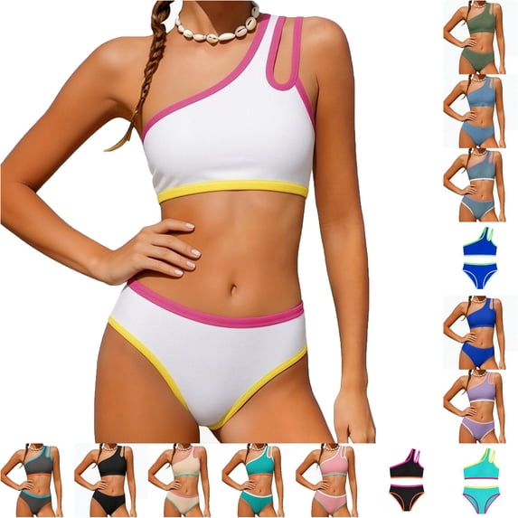 Girls Swimsuit Two Piece One Shoulder Bathing Suit with Chest Pad Color Block Bikini 9-10 Years