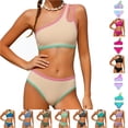 thumbnail image 1 of Girls Swimsuit Two Piece One Shoulder Bathing Suit with Chest Pad Color Block Bikini 9-10 Years, 1 of 7