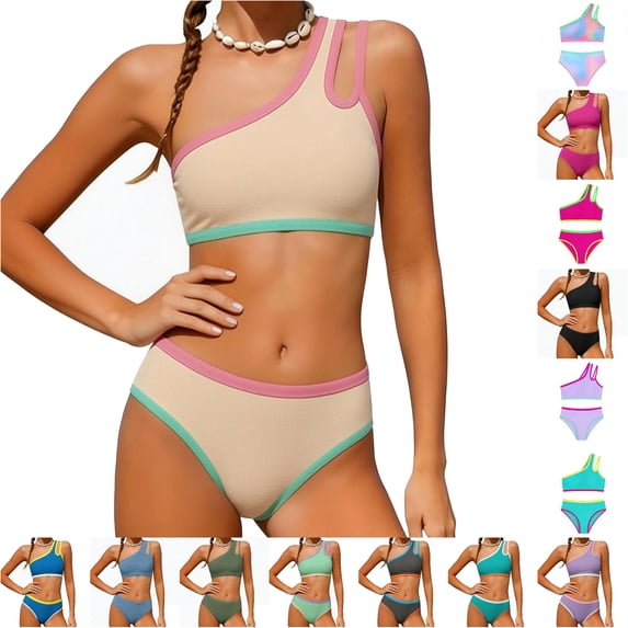 Girls Swimsuit Two Piece One Shoulder Bathing Suit with Chest Pad Color Block Bikini 9-10 Years