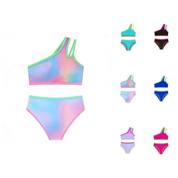 Girls Swimsuit Two Piece One Shoulder Bathing With Chest Pad Color Bikini 7 16 Years