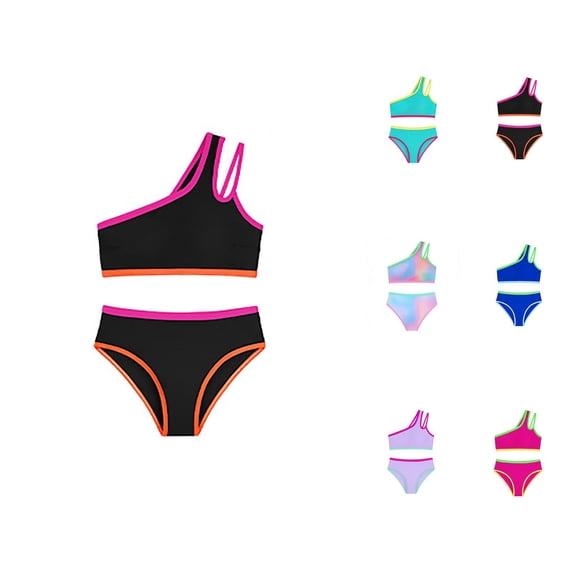 Girls Swimsuit Two Piece One Shoulder Bathing With Chest Pad Color Bikini 7 16 Years