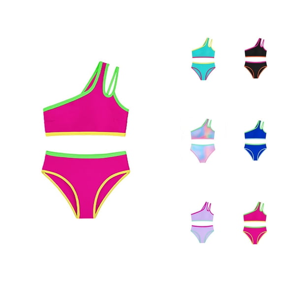 Girls Swimsuit Two Piece One Shoulder Bathing With Chest Pad Color Bikini 7 16 Years