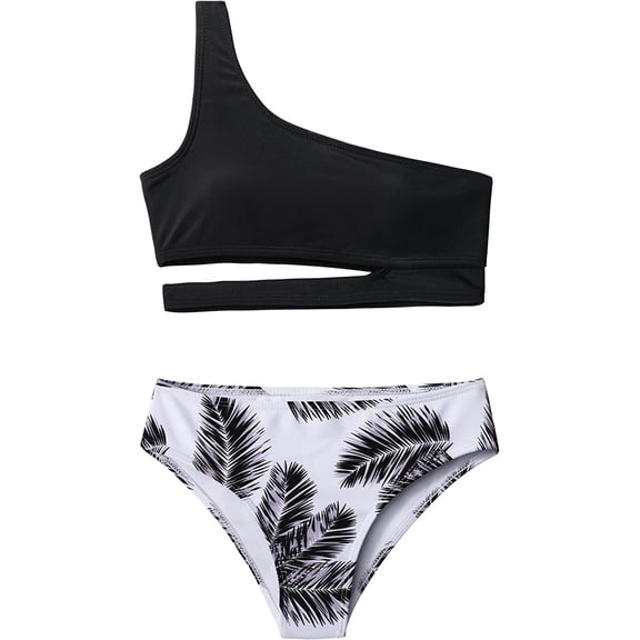 Girls Swimsuit Two Piece One Shoulder Cutout Bikini Summer Beach Sport Bathing Suits for 7-14Years