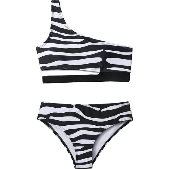 Girls Swimsuit Two Piece One Shoulder Cutout Bikini Summer Beach Sport Bathing Suits for 7-14Years