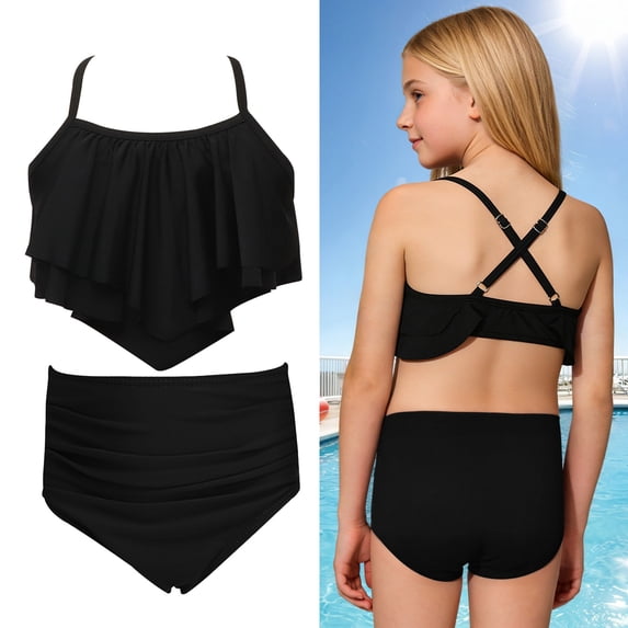 Girls Swimsuit Two Piece Ruffled Girls Bikinis with Chest Pad Bathing Suits for Kids Girls 8-9 Years