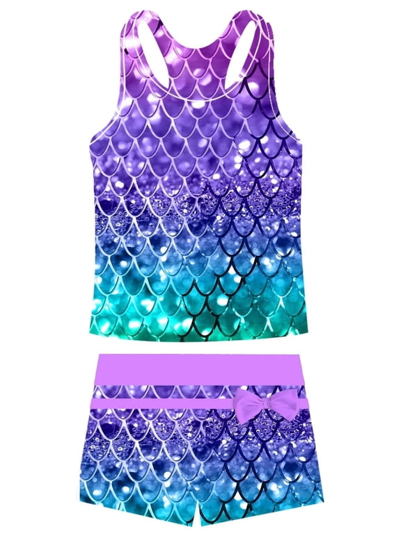 Girls Swimsuit Two Piece Set Tankini Crop Top Swim Shorts Bathing Suit Sizes 6-7Y