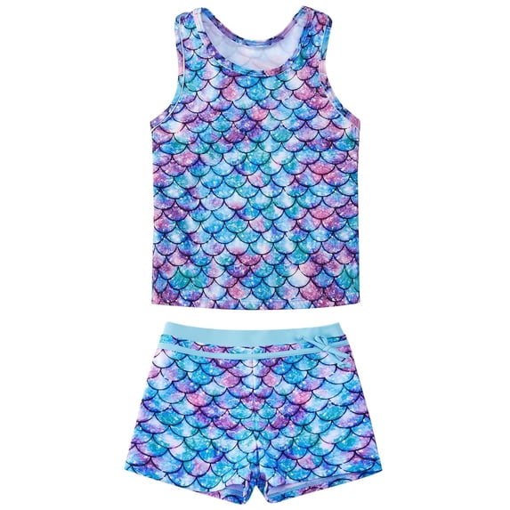 Girls Swimsuit Two Piece Set Tankini Crop Top Swim Shorts Bathing Suit Sizes 8-9Y