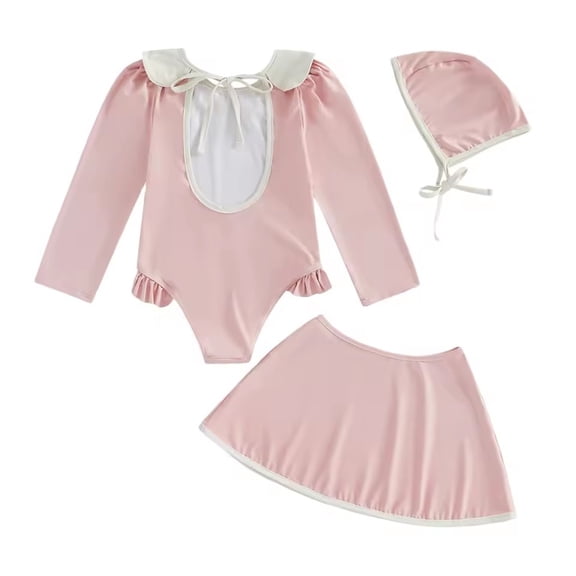 Girls Swimsuit UPF 50 Rash Guard with Doll Collar, Backless Romper Skirt & Matching Hat – Toddler Baby Sun Protection Beach Swimwear for Summer Pool Party