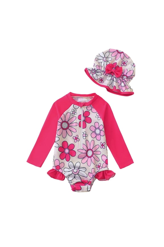 Girls Swimsuit Zip Up Rash Guard Baby Girls Long Sleeve Sun Surf Suit with Hat Sun Protection Bathing Suit for Toddler Beach Summer Wear
