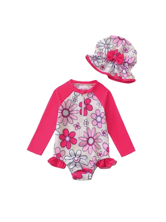 Girls Swimsuit Zip Up Rash Guard Baby Girls Long Sleeve Sun Surf Suit with Hat Sun Protection Bathing Suit for Toddler Beach Summer Wear