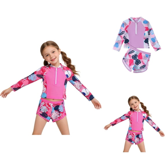 Girls Swimsuit Zip Up Rash Guard Girls Long Sleeve Two Piece Swimwear with Floral Bikini Quick-Dry Surfing Bathing Suit Sun Protective Pool Wear