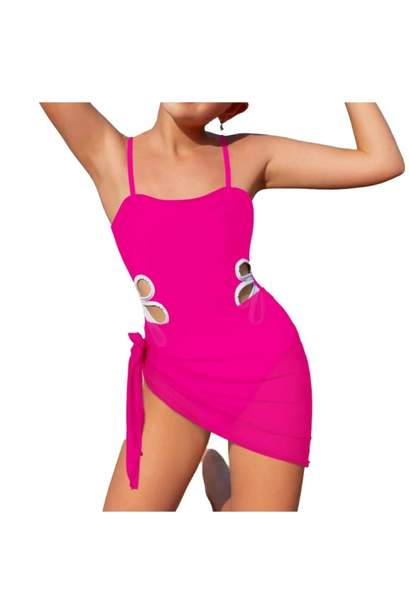 Girls Swimsuit for Girls Adjustable Straps Bathing Suit with Round Neckline Solid Color Cutout Design and Included Silk Scarf for Easy Mix-and-