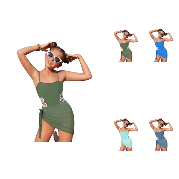 Girls Swimsuit with Adjustable Straps, One Piece Solid Color Cut-Out Bathing Suit with Round Neckline and Matching Cover-Up Skirt