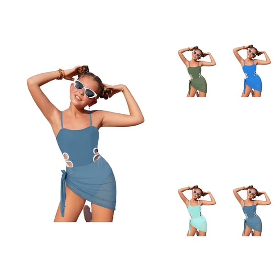 Girls Swimsuit with Adjustable Straps, One Piece Solid Color Cut-Out Bathing Suit with Round Neckline and Matching Cover-Up Skirt