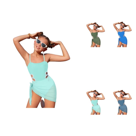 Girls Swimsuit with Adjustable Straps, One Piece Solid Color Cut-Out Bathing Suit with Round Neckline and Matching Cover-Up Skirt