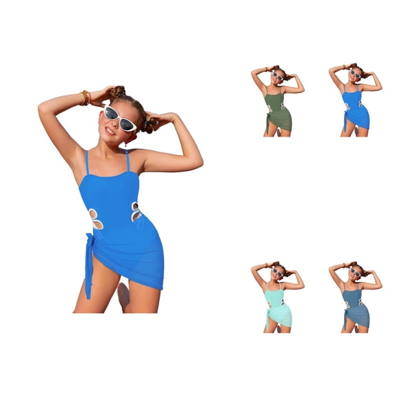 Girls Swimsuit with Adjustable Straps, One Piece Solid Color Cut-Out Bathing Suit with Round Neckline and Matching Cover-Up Skirt