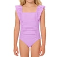 thumbnail image 1 of Girls Swimsuit with UPF 50+ ,Ruffle Adjustable Straps One Piece Bathing Suit Solid Color Ruched Girls' Swimwear 7-16Y(Purple/10Y), 1 of 3